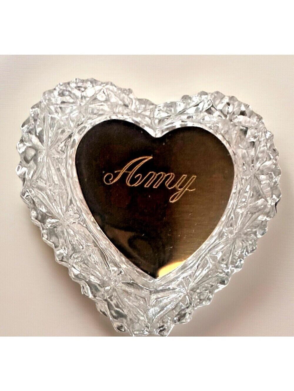 "AMY" Crystal Clear Glass Heart Shaped Trinket Jewelry Box n Lid Engraved